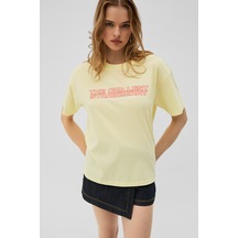 Grimelange Mochı Kadın %100 Organik Pamuklu Yuvarlak Yakalı Baskılı Sarı T-shirt