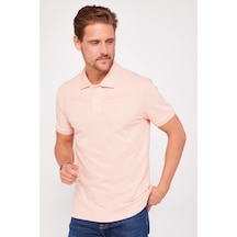 Tudors Erkek Slim Fit Dar Kesim %100 Pamuk Düz Pike Somon Rengi Polo Yaka Tişört-30555-somon Somon