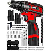 Schatz 12v Çift Akülü Çelik Şanzıman Bakır Sargılı Şarjlı Vidalama Matkap Kırmızı + 24 Parça Set