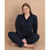 Pijamerry Kadın Büyük Beden Dantel Yaka Bambu Uzun Kol İnce Pijama Takımı 5545 - 1 Adet Siyah