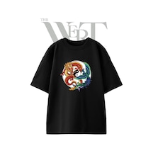 Thewert Dragon Phoenix Yin Yang Tasarım Baskılı Ünisex Siyah Oversize T-shirt