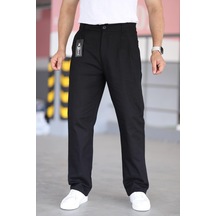 Bürke Çift Pileli Siyah Renk Beli Yarım Lastikli Kaliteli Rahat Kesim Keten Baggy Pantolon