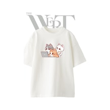 Thewert Cizgi Kediler Tasarım Baskılı Ünisex Beyaz Oversize T-shirt