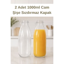 2 Adet 1000ml Sızdırmaz Kapaklı Şeffaf Cam Süt Ayran Limonata Meşrubat İçecek Şişesi