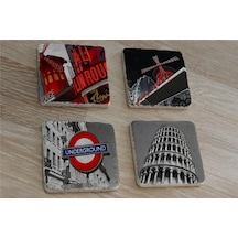 Moulin Rouge Pisa Kulesi Ve Londra Metro Girişi Doğal Taş Bardak Altlığı 4'lü Set - Natural Stone Coasters - Taş Çok Renkli