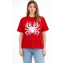 Mzpkartan Kadın Örümcek Baskılı Tişört Kısa Kollu Bisiklet Yaka T-shirt - Kırmızı