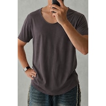Cool Tarz Erkek Geniş Yaka Oval Etek %100 Pamuk Süprem Kumaş Kısa Kollu Basic Tişört Antrasit Antrasit