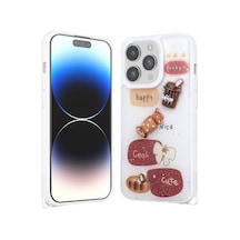 Zore İphone 14 Pro Max Kılıf Parlayan Sıvılı Simli Kabartma Figürlü Nvth Cevze Kapak-beyaz