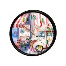 Çiçekçi Dükkanı Ve Vintage Karavan Temalı Dekoratif Duvar Saati 28 Cm Sessiz Mekanizma Çok Renkli