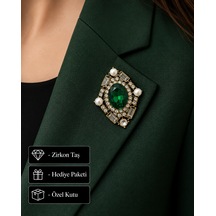 Zümrüt Yeşil Kristal Taşlı Vintage Gold Kadın Broş - Şık Hediye Açık Gri Zümrüt Yeşil Kristal Taşlı Vintage Gold Kadın Broş - Şık Hediye Açık Gri