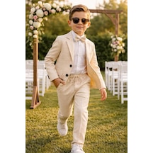 Baby Kids Colors Erkek Çocuk Flamlı Keten Salaş Ceketli Takım Elbise / Gömlek Pantolon Ceket Papyon Keten Takım Bej