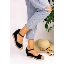 Star Tombis Gerçek Elişi Burnu Hasırlı Keten Siyah Espadril Dolgu Topuk Handmade Siyah