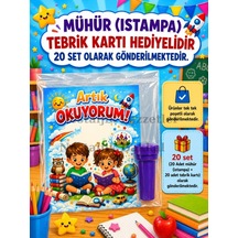20 Adet Yeni Okumayı Öğrenen Öğrencilere Hediye Artık Okuyorum Yazılı 1. Sınıf Hatırası Mühür Istampa Tebrik Kartı Hediyeli