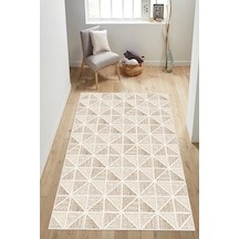 Geometrik Desenli Modern Baskılı Kaymaz Yıkanabilir Salon Oturma Odası Mutfak Antre Halısı Yolluk Bej