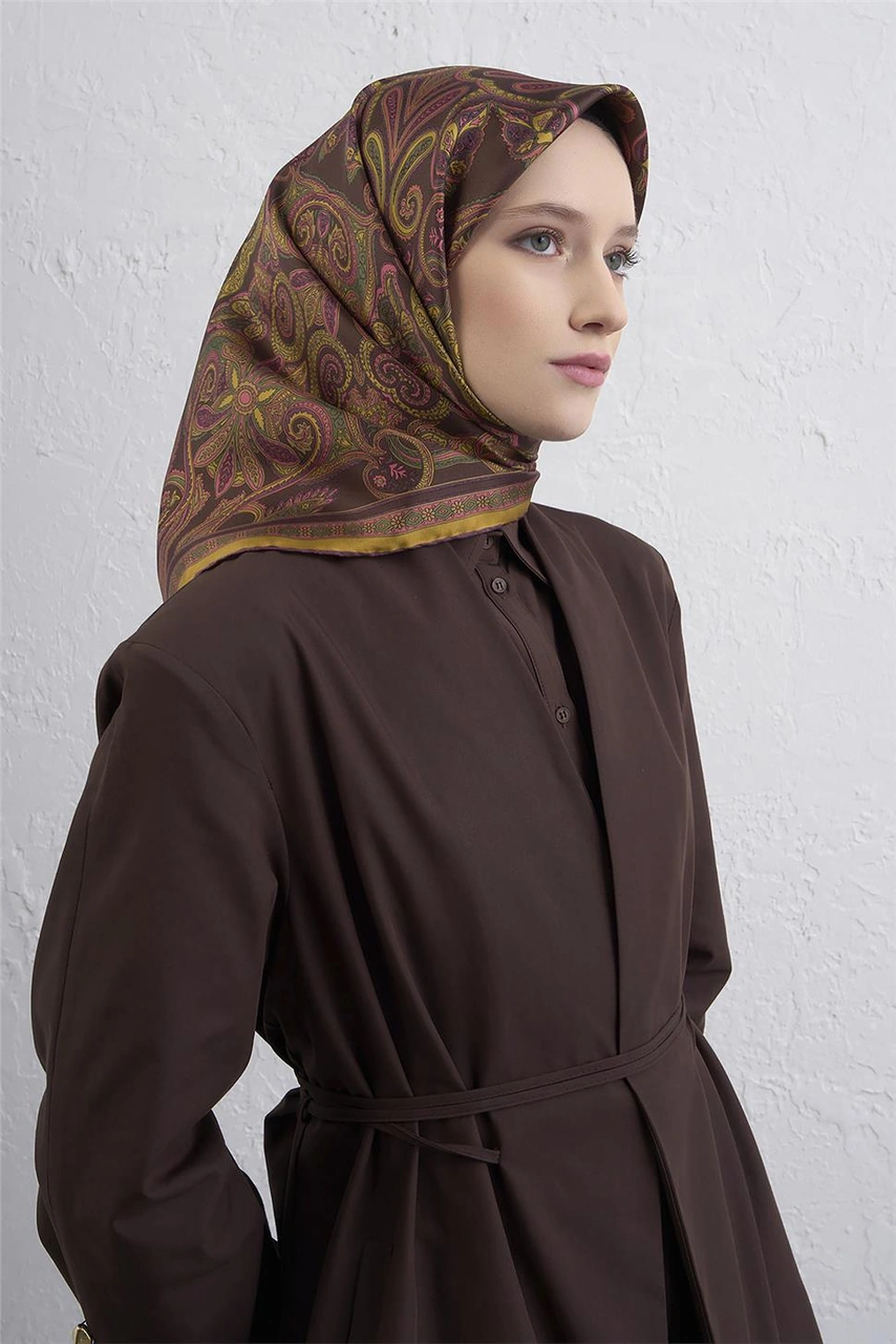 Armine Etnik Desen Saf İpek Twill Eşarp 9421d 81 Hardal