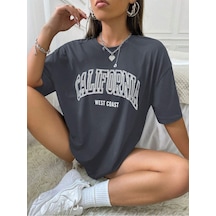 California West Coast Süprem T-shirt - Füme Baskılı Oversize Bisiklet Yaka Tişört Füme