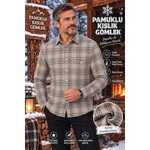 Eren Style Flanel Kışlık Pamuklu Kapaklı Cepli Düğmeli Yaka Gömlek Regular Kalıp Bej