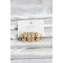 Zirkon Taşlı Pirinç Gold Renk Halka Kadın Küpe Seti - Tj-bkp11489 Altın