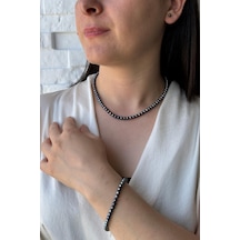 5 Mm Siyah Doğal İnci Sıralı Kolye Bileklik Küpe Üçlü Set 55 Cm / Beyaz Gümüş