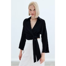 Sateen Bağlamalı Keten Bluz - Siyah-136205 Siyah