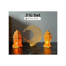 Ramazan Süsleme 3 Lü Set Led Işıklı Dekoratif Hilal Ay Ve Fener Takımı Pilli Mumlu Masaüstü Dekor
