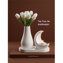 13cm Çiçek Pampas Vazosu & 11cm Hilal Mumluk & 17cm Oluklu Tepsi 1 Adet Tealight Mum Hediyeli 31714156