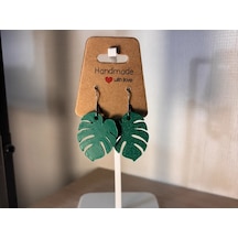 Canlı Yeşil Monstera Yaprağı Motifli Tropikal Tasarım Hafif Sallantılı Kadın Küpe Yeşil