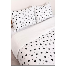 More Home Tek  Kişilik Yorgan Kılıfı + Yastık Kılıfı Kalpli Beyaz Beyaz Siyah
