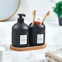 Lüks Ahşap Altlıklı Cam Set Cool Sabunluk- Banyo -mutfak Seti Siyah