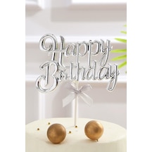 Gümüş Renk Happy Birthday Yazılı Pasta Süsü Tüm Yaşlar
