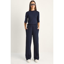 Shade Kadın Soft Touch Nervürlü Yarım Kol T-shirt Lastikli Bol Paça Pantolon Takım 18000 60286181 - Lacivert