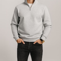 Yarım Fermuarlı Erkek Polar Sweatshirt - Sıcak Tutan , Rahat Kalıp Açık Gri