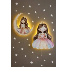 Prensesler Ahşap Duvar Lamba Seti Pilli Led Gece Lambası Bebek Çocuk Odası-yıldız Sticker Hediyeli Çok Renkli
