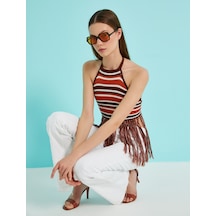 Koton Crop Atlet Halter Yaka Püskül Detaylı Kahverengi Çizgili 2sal30014ht Kahverengi
