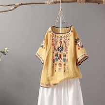 Lüks Nakış Çiçek Tees Kadın Çin Tarzı Klasik Gevşek Gömlek Casual Vintage O Boyun Kısa Kollu Yaz Bluz Tops Sari
