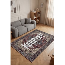 Deira 03 Bordo Vintage Eskitme Keep Off Yazılı Etnik Motifli Renkli İnce Antre Ofis Ev Oda Halısı