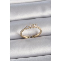 Pirinç Gold Renk Zirkon Taşlı Kalp İnci Detaylı Ayarlanabilir Model Kadın Yüzük Çok Renkli