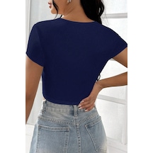 Kadın Zarif Dokunuş Lacivert Yarım Kol Düz Yaka Crop Top Bluz