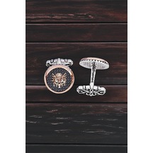 Gümüş Siyah Zirkon Taşlı Osmanlı Armalı Yuvarlak Kol Düğmesi -5740 Gümüş