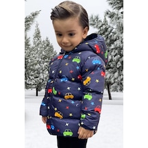 Erkek Çocuk Polarlı Kapüşonlu Gezegen Yıldız Desenli Kışlık Şişme Mont & Kaban & Parka Lacivert