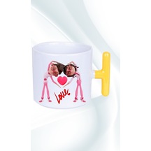 Mutlu Çiftler Love Baskılı Hediye T Saplı Kupa Bardak Porselen Çay Kahve Fincanı Sarı