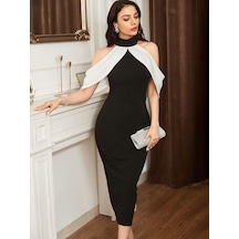 Kadın Daire Yakalı Omuzlardan Kollara Yayılan Kanat Detaylı Çift Renkli Uzun Ithal Krep Elbise Siyah