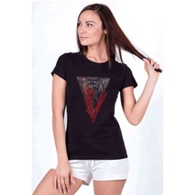 Vikings V Logo Baskılı Siyah Kadın Tshirt