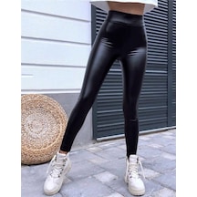 Kadın Yüksek Bel Içi Şardonlu Deri Tayt SiYAH