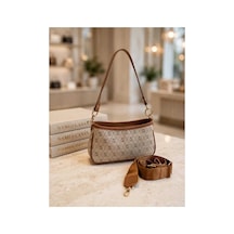 Names Bag Kadın Lüks Tasarım Monogram/desenli Çift Askılı Kumaş/deri Detaylı El Ve Omuz Çantası Kahverengi