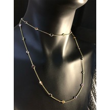 Vog Mix Renkli Zirconia Taşlı Uzun Boy 70 Cm Gold Renk 925 Ayar Gümüş Kolye
