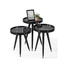 3'Lü Ahşap Yuvarlak Zigon Sehpa Siyah Içi Siyah Mermer Polen Lüx