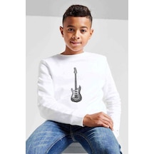 Tshirthane Drawing Elektro Guitar Red Baskılı Unisex Çocuk Beyaz Sweatshirt