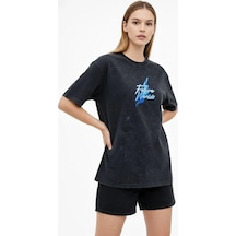 Kadın Asit Yıkamalı Oversize Tişört Bisiklet Yaka Kısa Kol T-shirt - Siyah