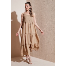 Lela Relaxed Fit Volanlı Uzun Bayan Elbise 611El010 Vizon